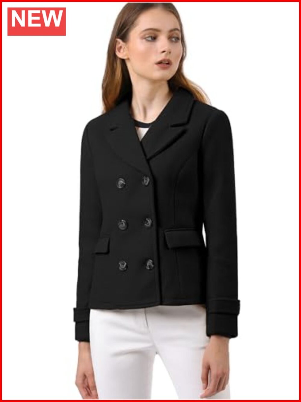 Womens Notched Lapel Double Breasted Short Pea Coat Business Work